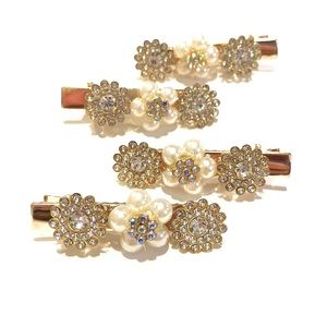 Set Of 4 Rhinestone Hair Clips Barrettes Gold Tone Updos Pearl Flo…